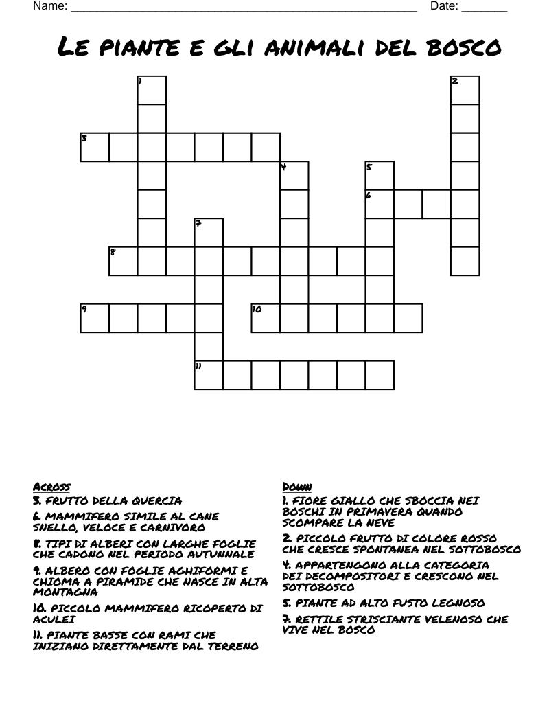 Le piante e gli animali del bosco Crossword