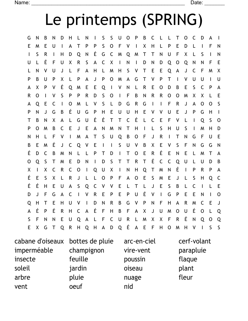 Le printemps (SPRING) Word Search
