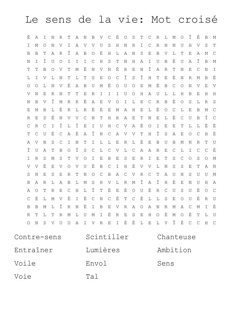 Le sens de la vie: Mot croisé Word Search