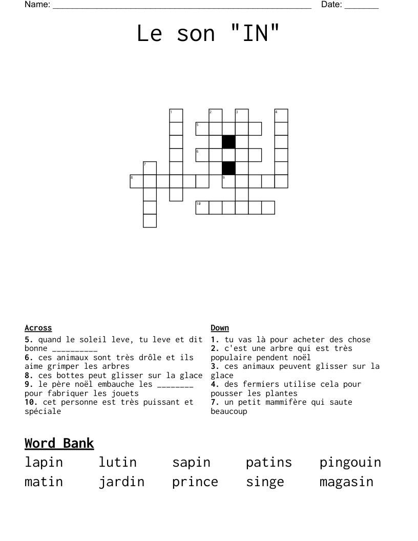 Le son "IN" Crossword