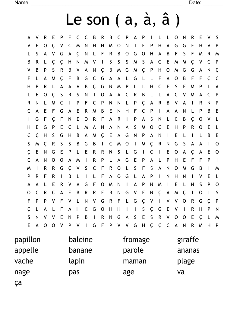 Le son ( a, à, â ) Word Search