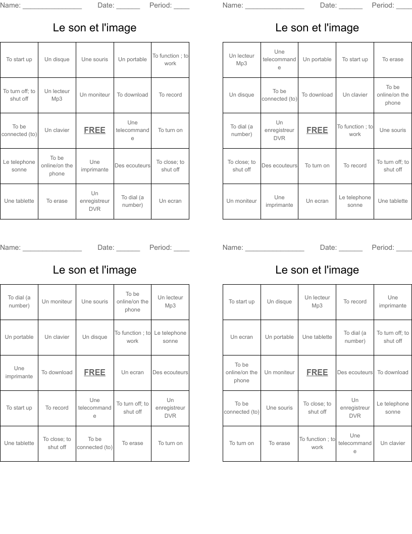 Le son et l'image Bingo Cards
