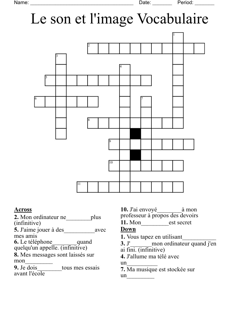Le son et l'image Vocabulaire Crossword