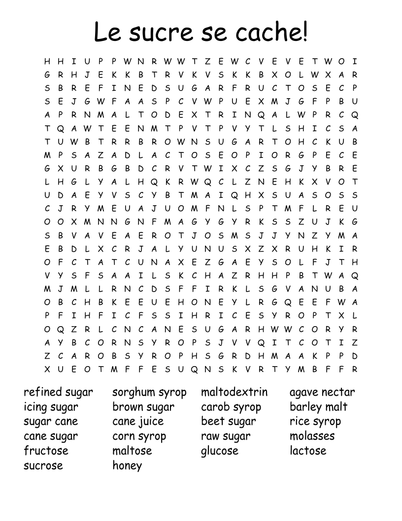 Le sucre se cache!  Word Search