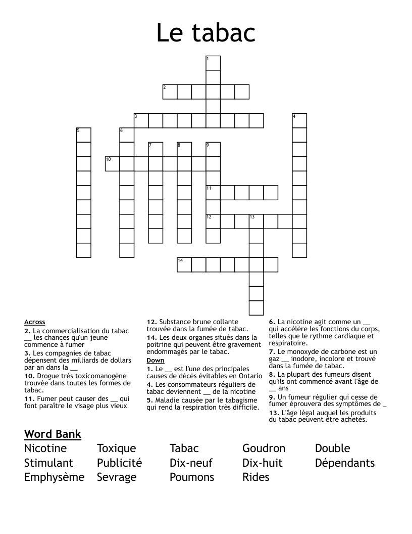 Le tabac Crossword