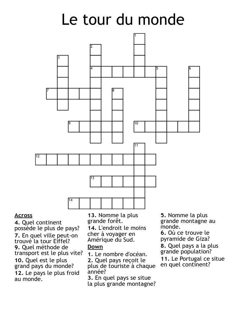 Le tour du monde Crossword