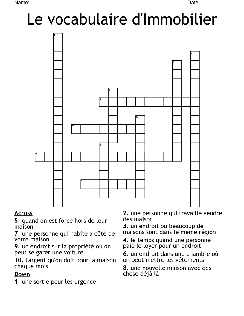 Le vocabulaire d'Immobilier Crossword