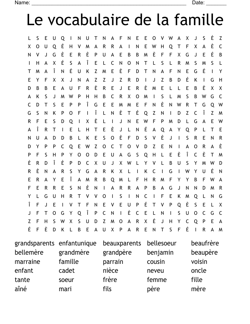 Le vocabulaire de la famille Word Search