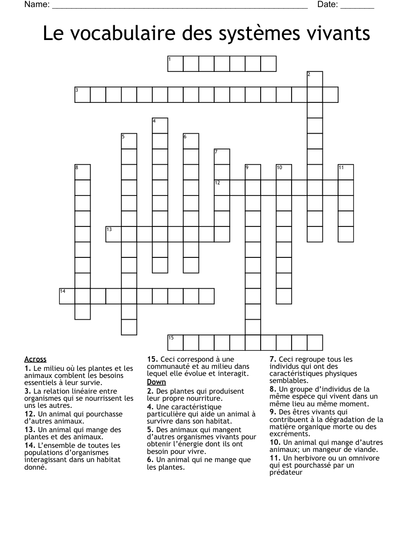 Le vocabulaire des systèmes vivants Crossword