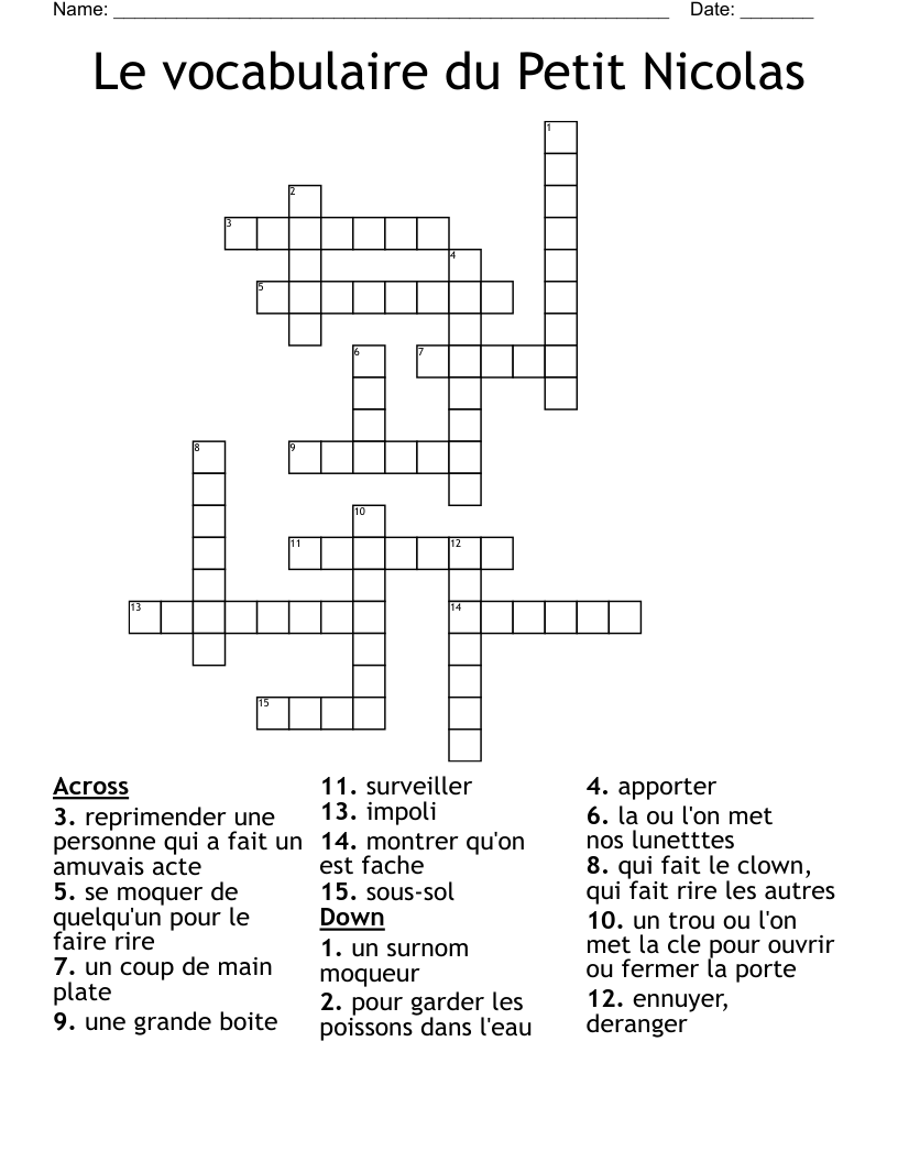 Le vocabulaire du Petit Nicolas Crossword