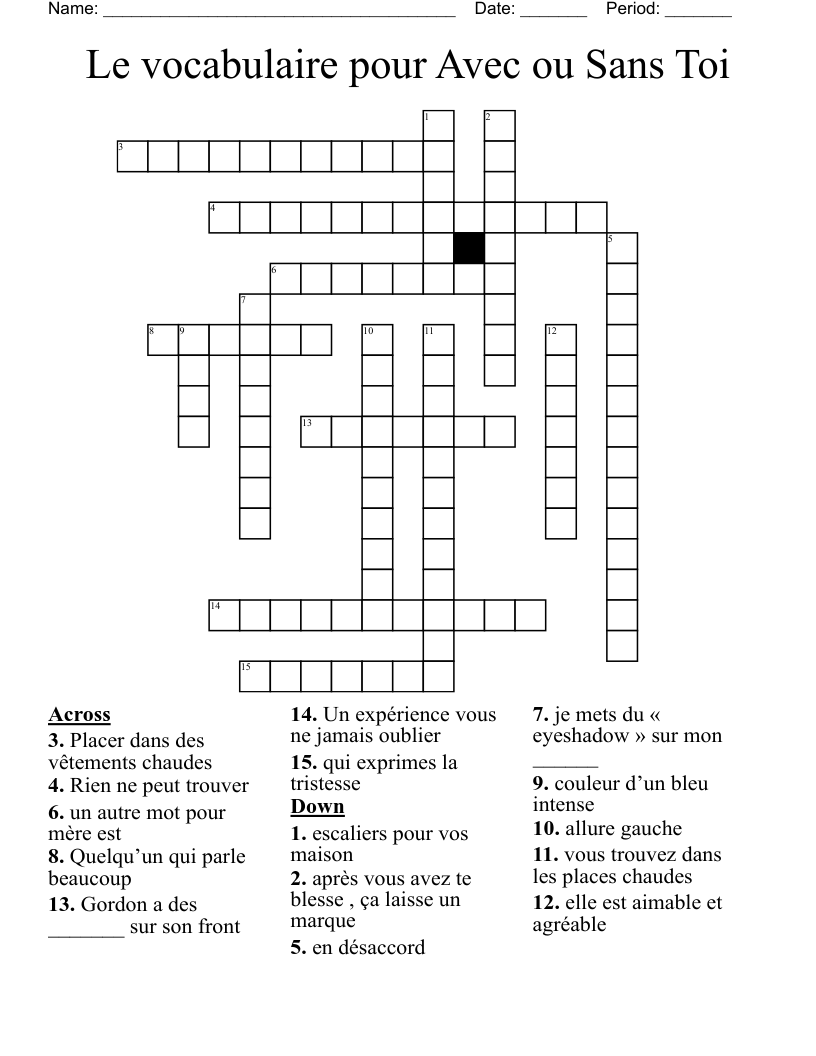 Le vocabulaire pour Avec ou Sans Toi Crossword