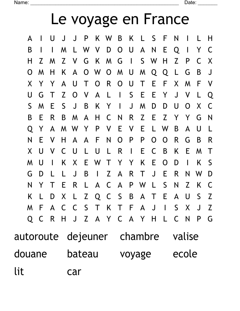 Le voyage en France Word Search