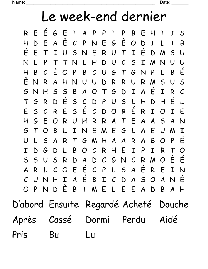 Le week-end dernier Word Search