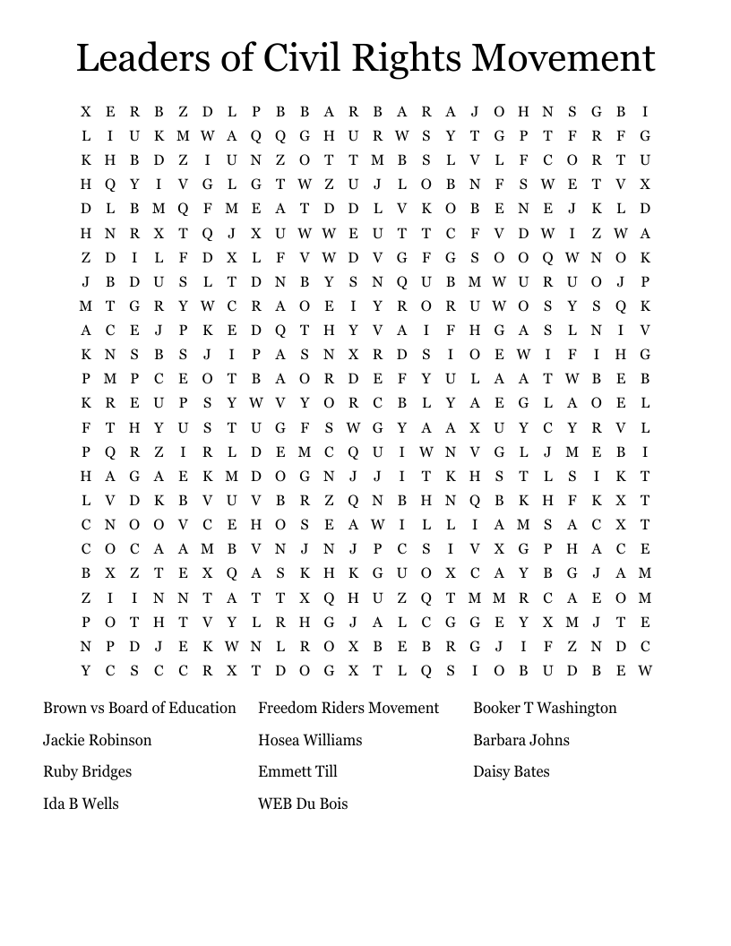 Leaders of Civil Rights Movement Word Search