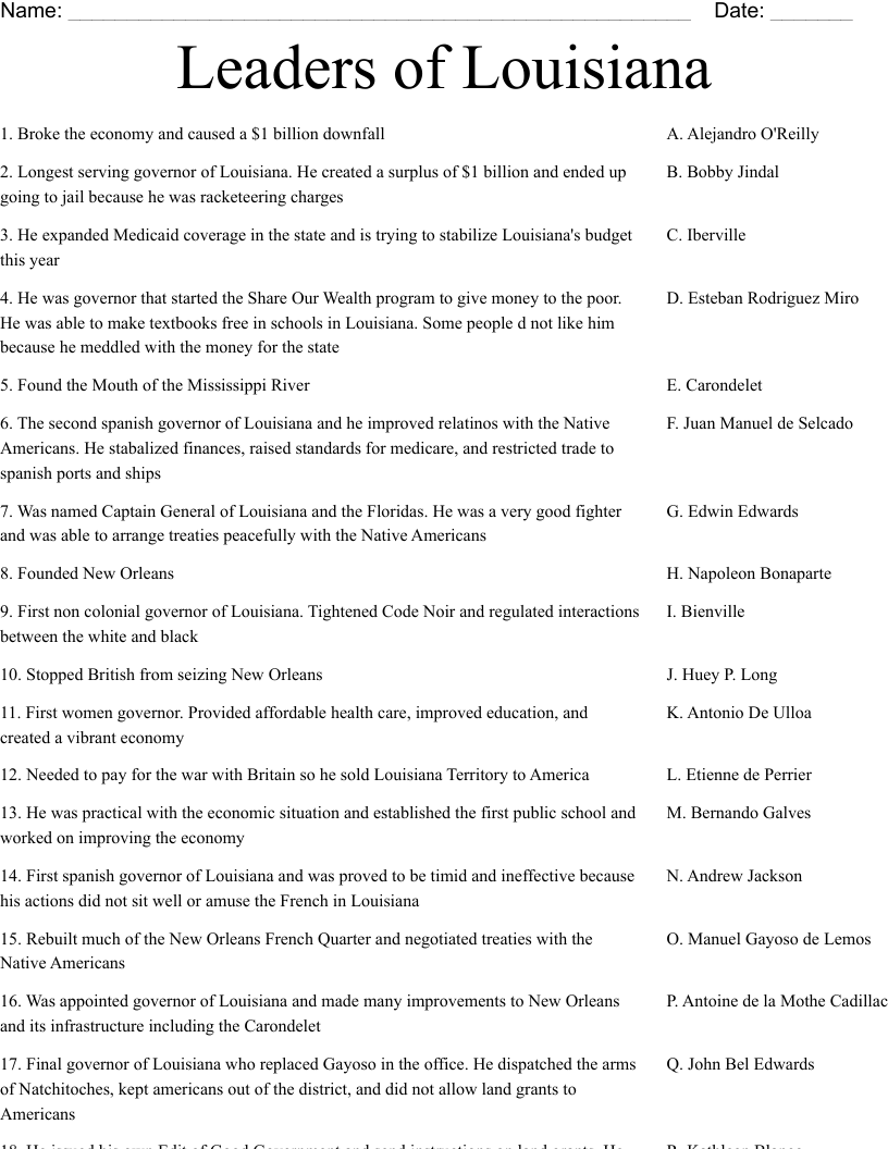 Leaders of Louisiana  Worksheet