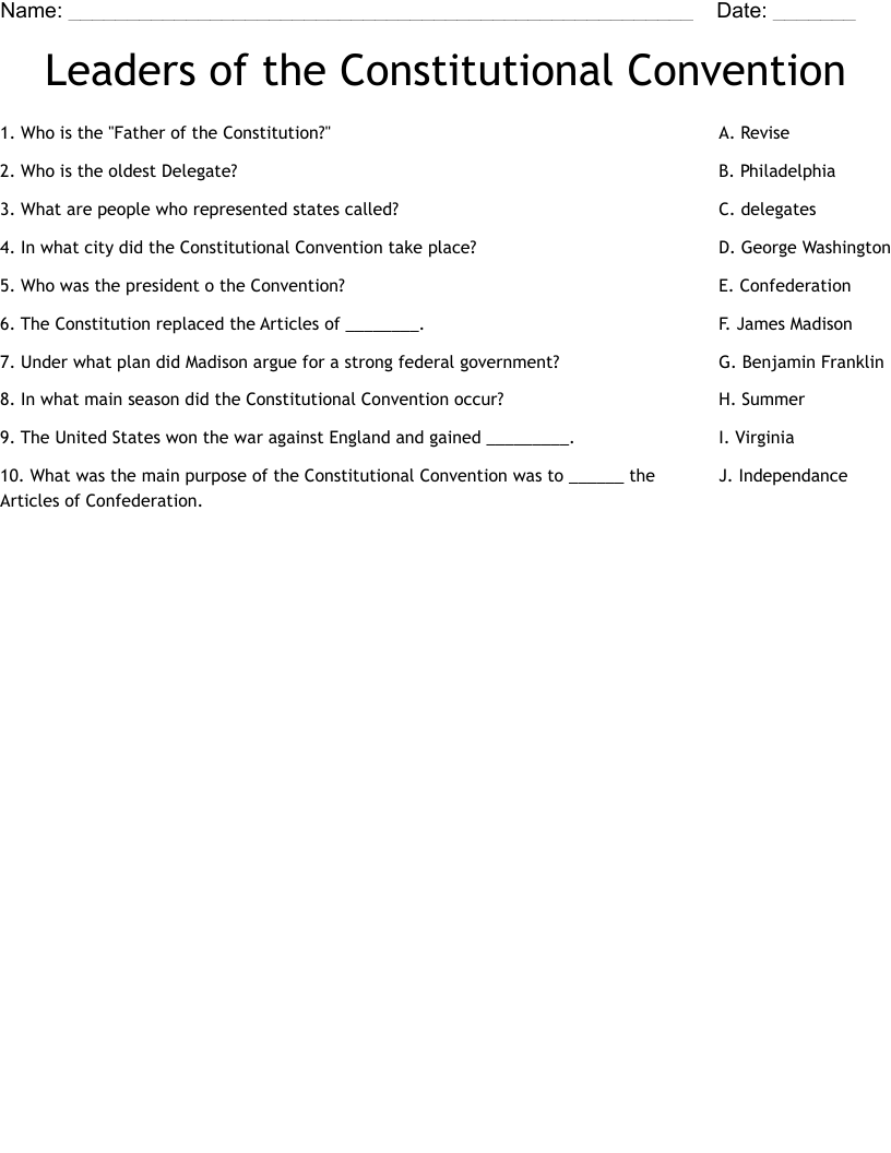 Leaders of the Constitutional Convention Worksheet