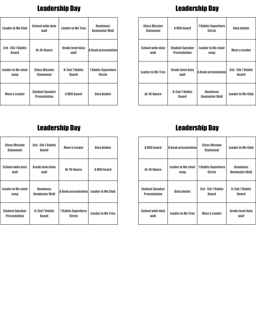 Leadership Day Bingo Cards