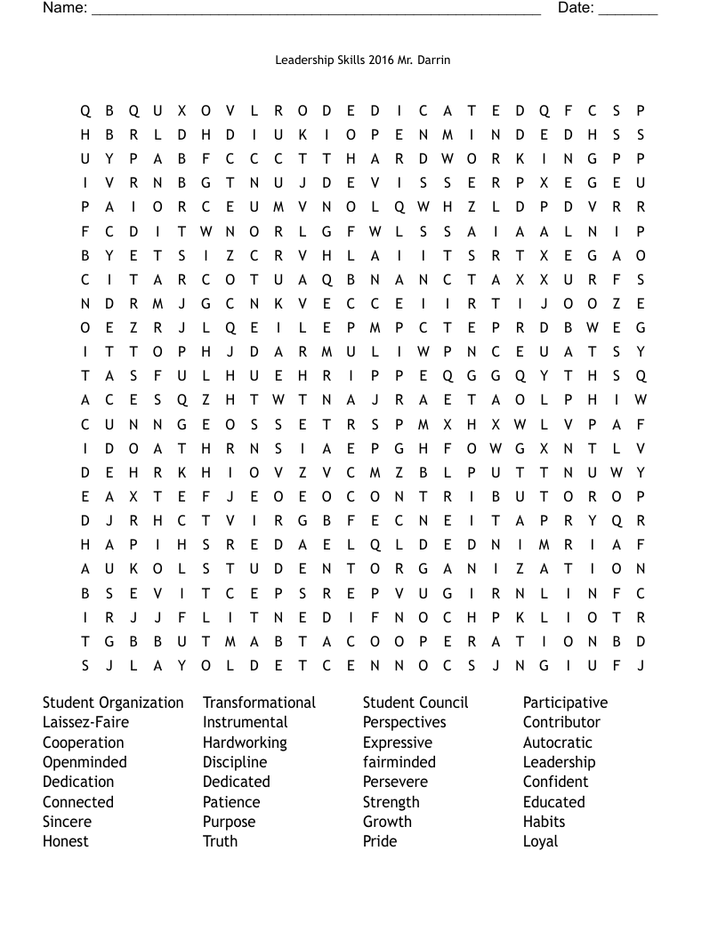 Leadership Skills 2016                                                                                                               Mr. Darrin Word Search