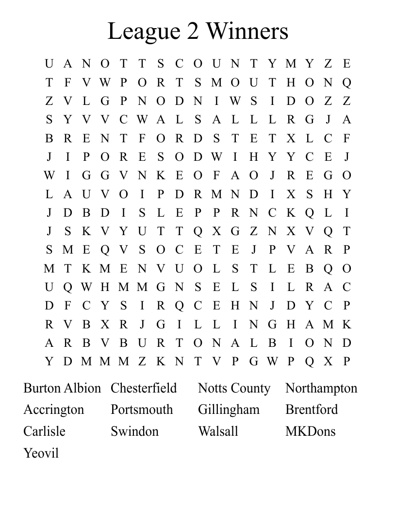 League 2 Winners Word Search