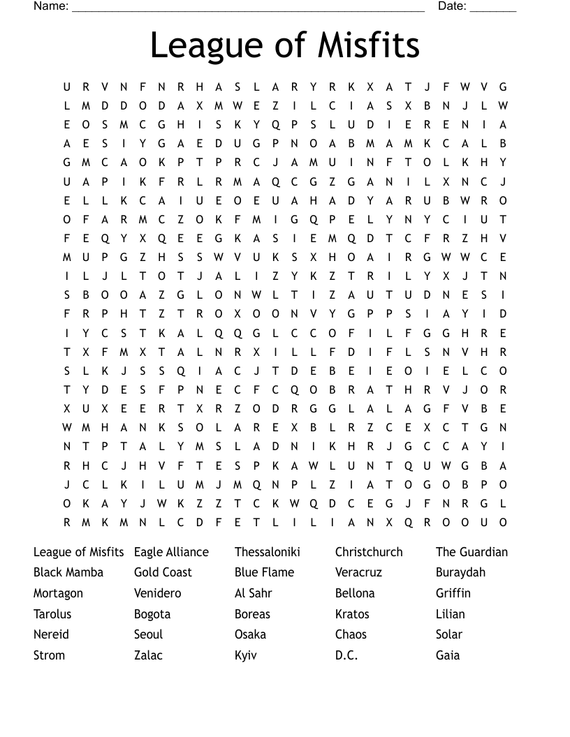 League of Misfits Word Search