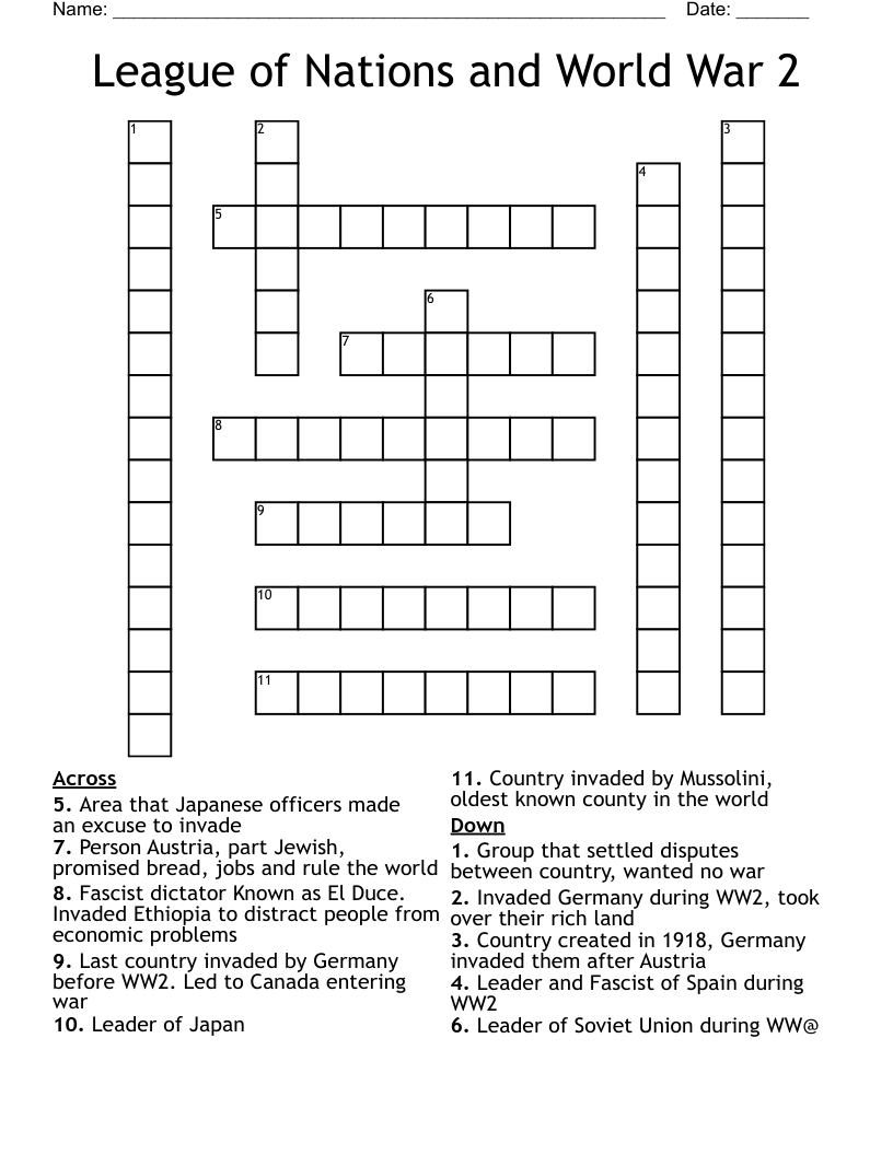 League of Nations and World War 2 Crossword