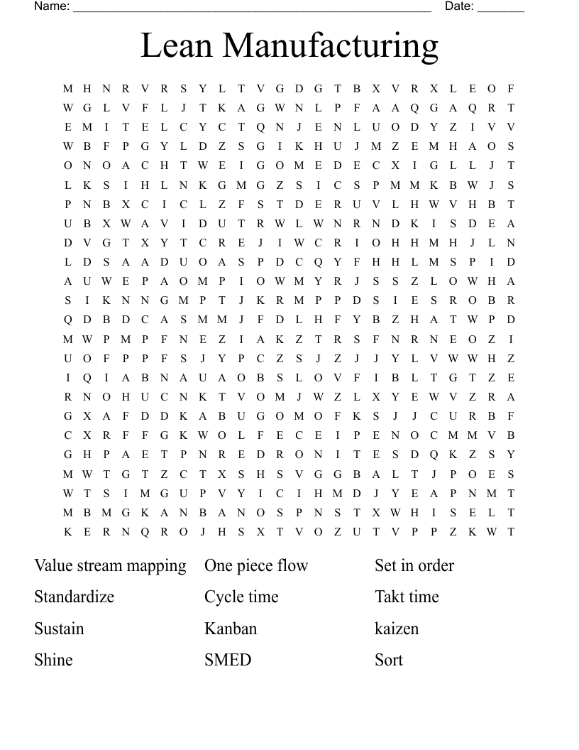 Lean Manufacturing  Word Search
