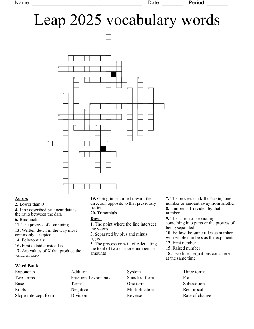 Leap 2025  vocabulary words  Crossword