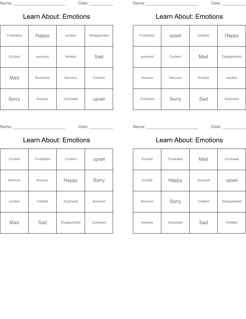 Learn About:  Emotions Bingo Cards