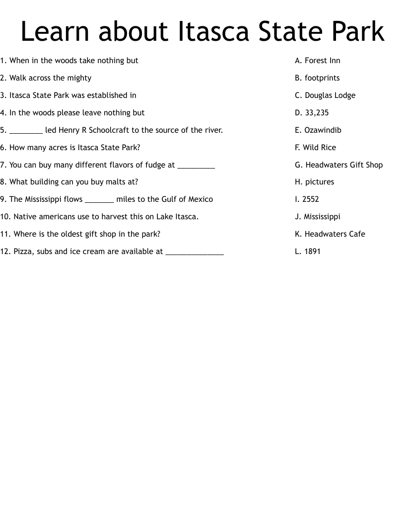 Learn about Itasca State Park Worksheet