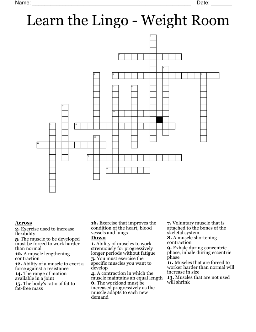 Learn the Lingo - Weight Room Crossword