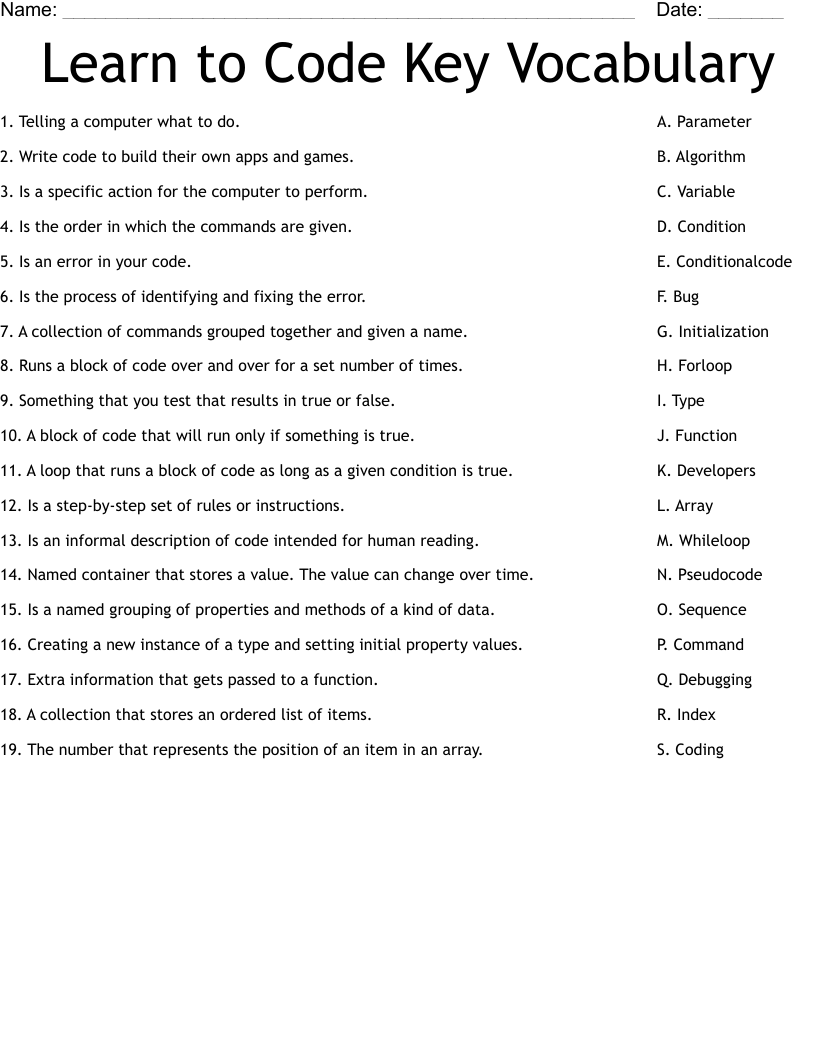 Learn to Code Key Vocabulary Worksheet