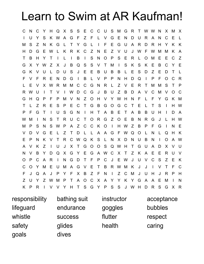 Learn to Swim at AR Kaufman! Word Search