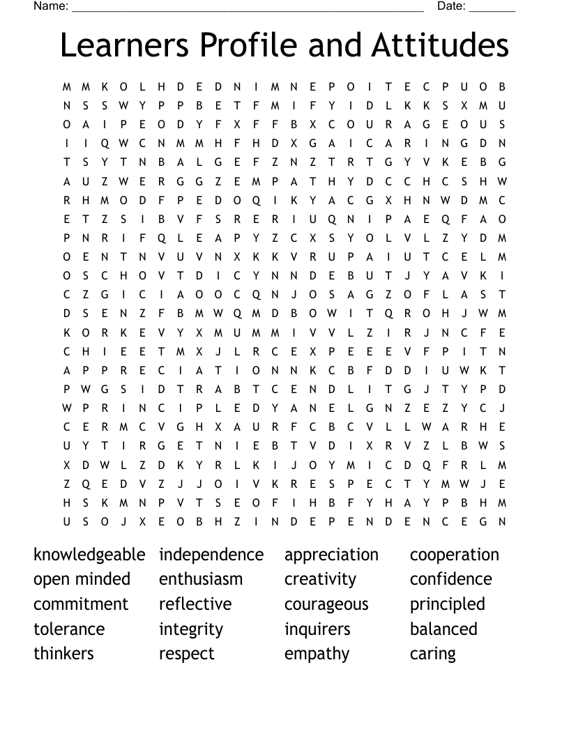 Learners Profile and Attitudes Word Search