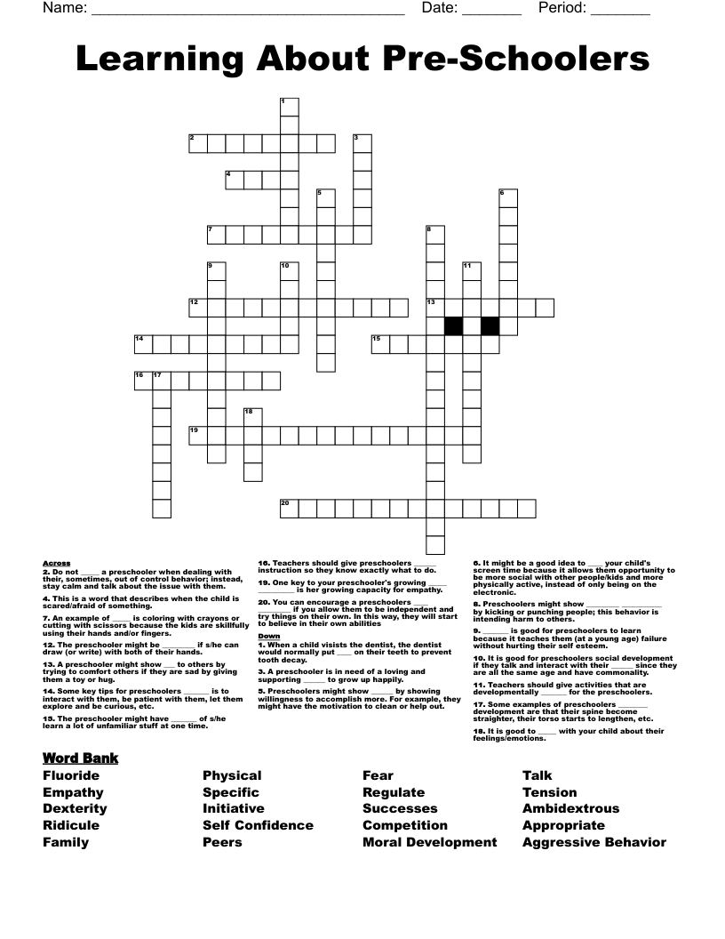 Learning About Pre-Schoolers Crossword