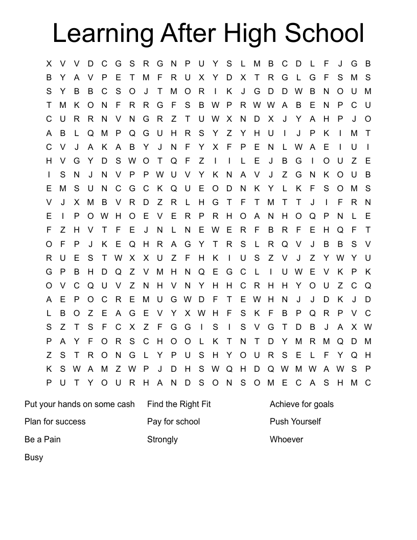 Learning After High School Word Search