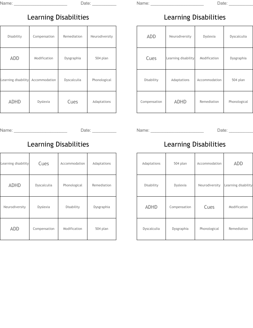 Learning Disabilities Bingo Cards