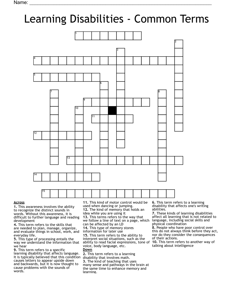 Learning Disabilities - Common Terms Crossword