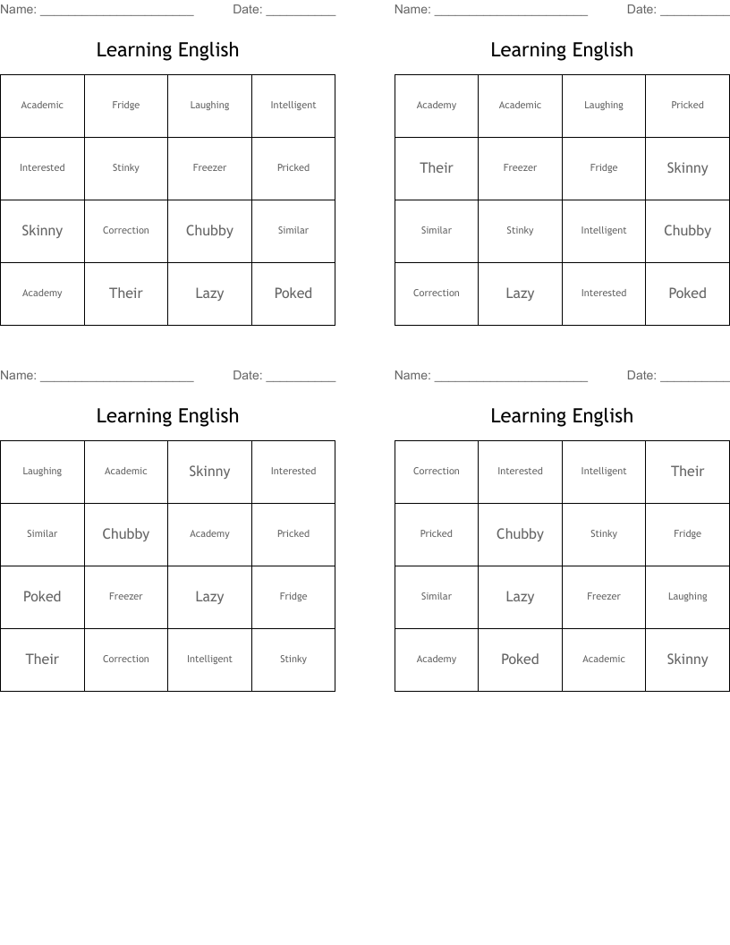 Learning English  Bingo Cards