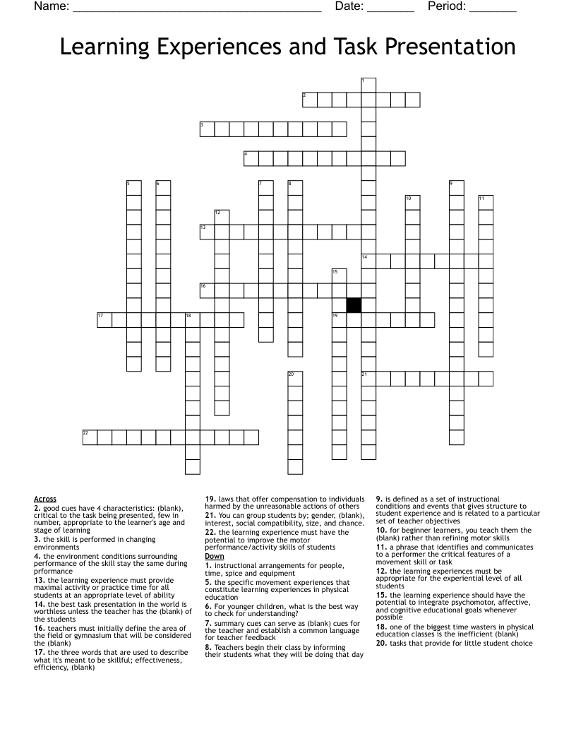 Learning Experiences and Task Presentation Crossword