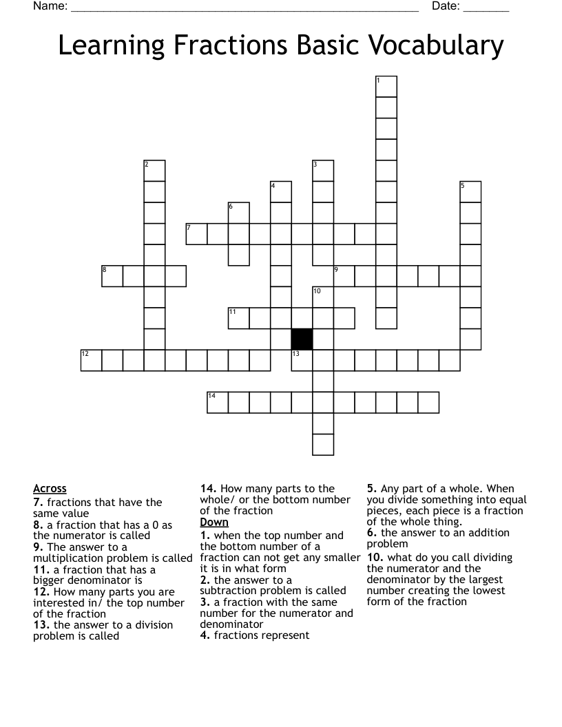 Learning Fractions Basic Vocabulary Crossword