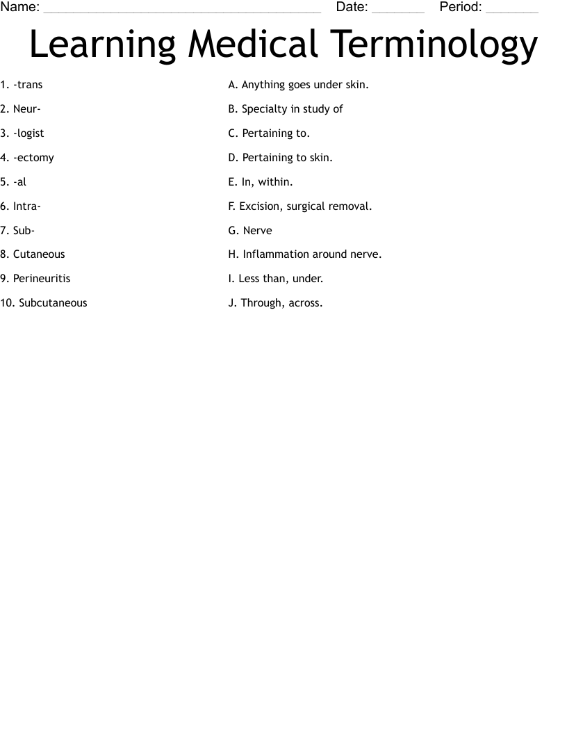 Learning Medical Terminology Worksheet