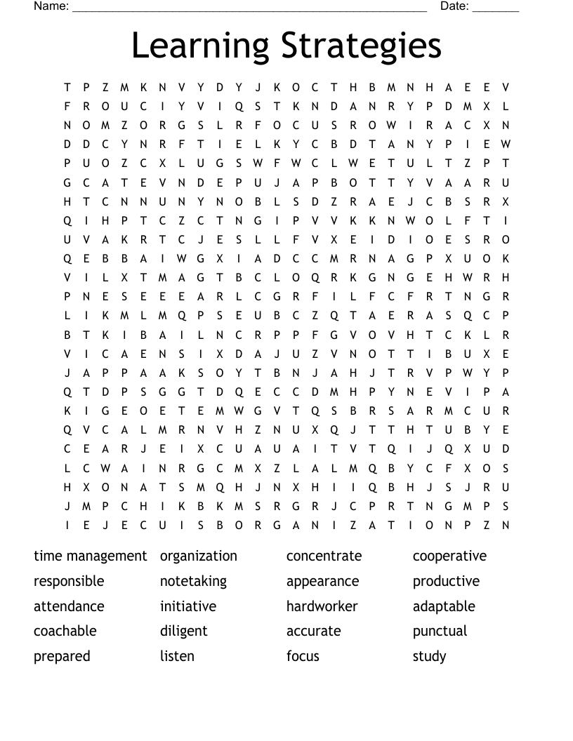 Learning Strategies Word Search