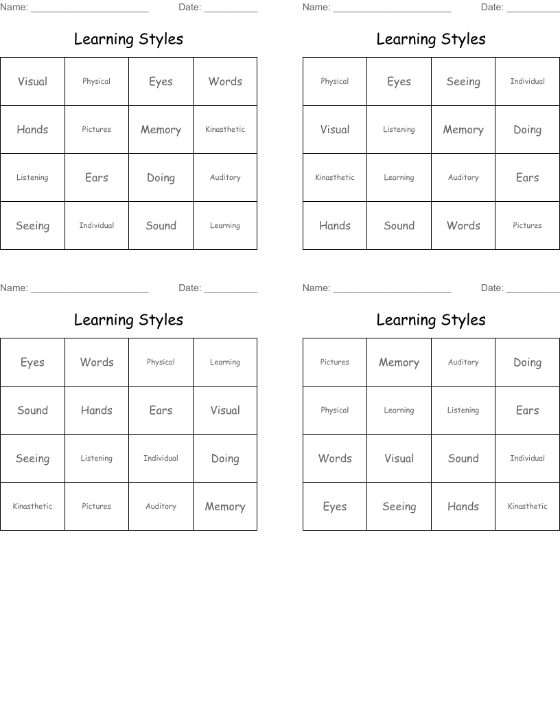 Learning Styles Bingo Cards
