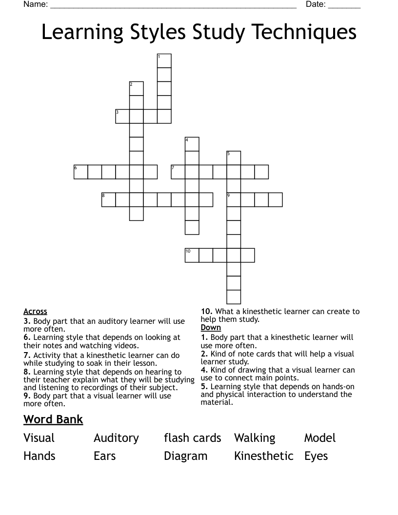 Learning Styles Study Techniques Crossword