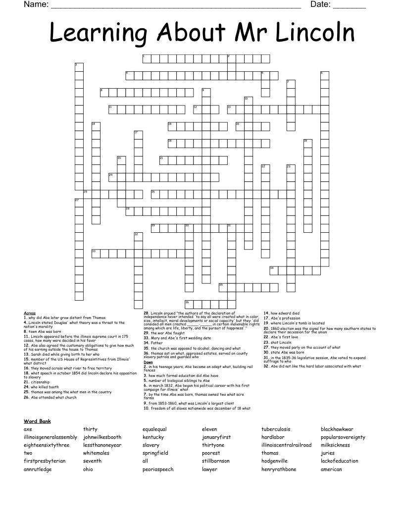 Learning  About Mr Lincoln  Crossword