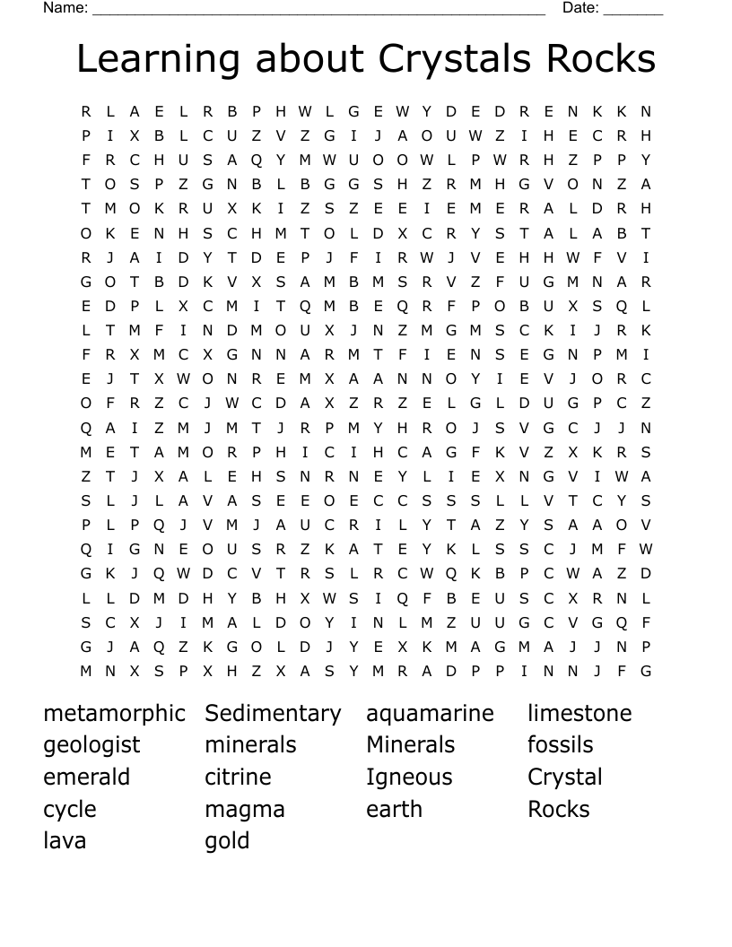 Learning about Crystals Rocks Word Search
