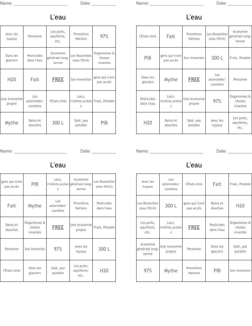 L'eau Bingo Cards