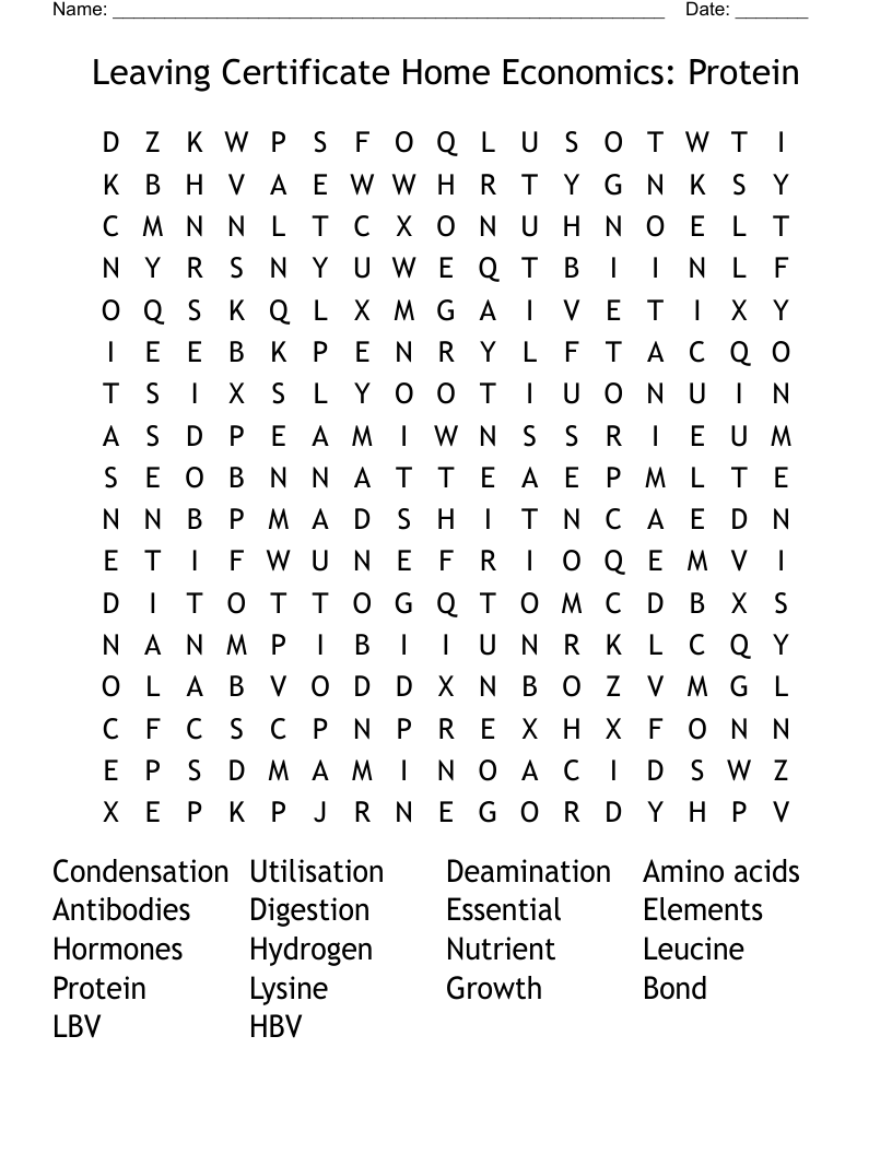 Leaving Certificate Home Economics: Protein Word Search