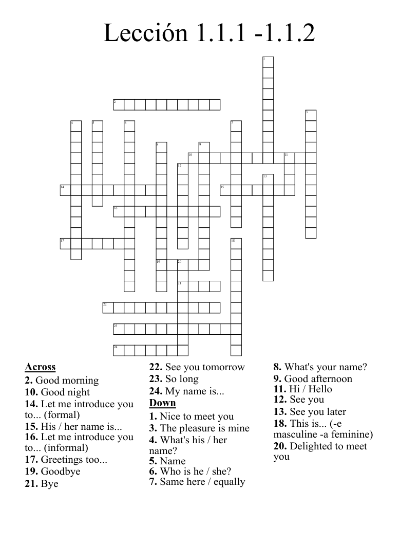 Lección 1.1.1 -1.1.2 Crossword