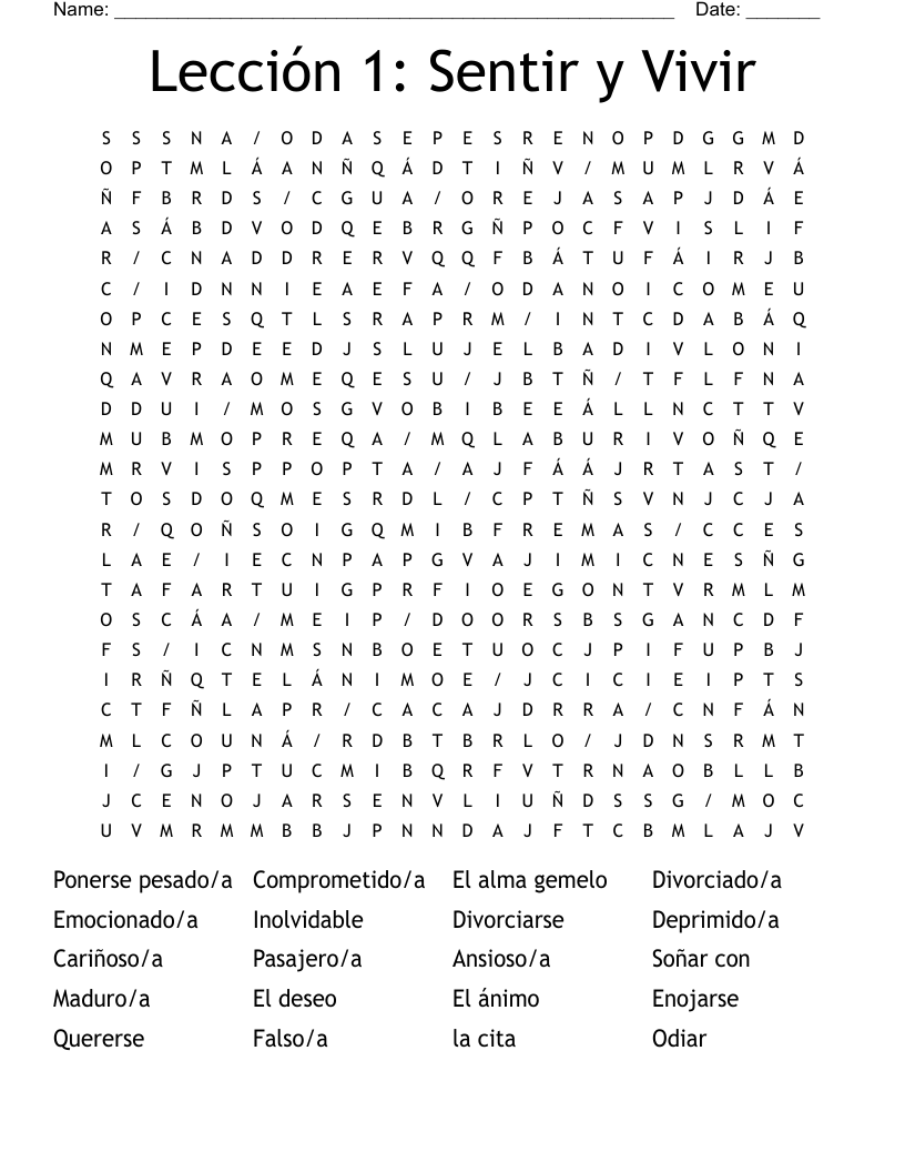 Lección 1: Sentir y Vivir Word Search